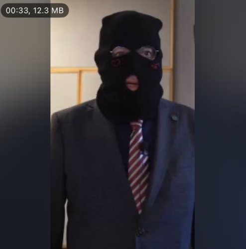 Een lid van de Bondsdag voor de extreemlinkse partij "Linke" draagt een zwarte "Antifa"-bivakmuts